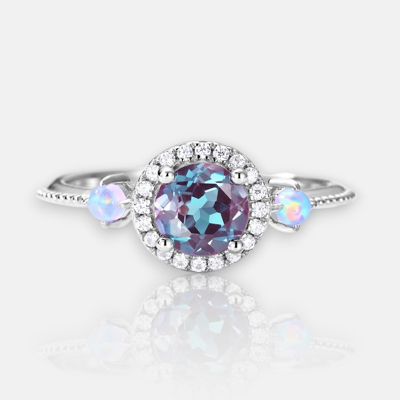 Round Cut Alexandrite Ring | S925 Sterling Silver Color‑Change Gem – June Birthstone