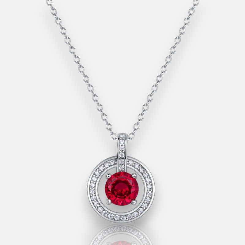 July Birthday Necklace – Lab Ruby Circle Pendant with Full Gem Pave in S925 Silver