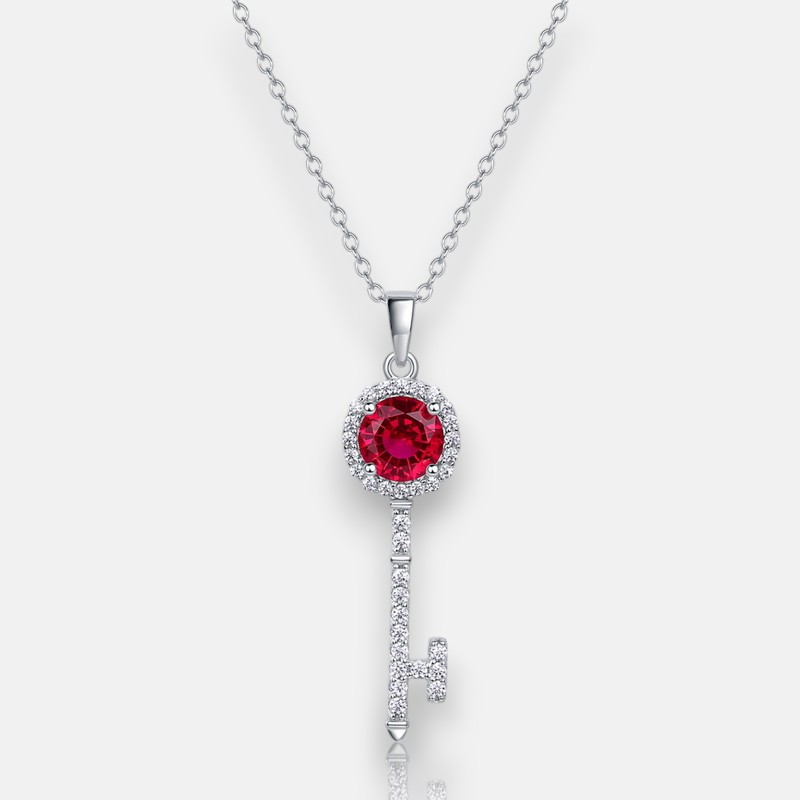 Dainty July Birthstone Necklace – Lab Ruby Key Pendant in S925 Silver