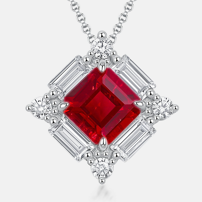 Ruby Necklace – Geometric Lab-Created Ruby Pendant in S925 Silver