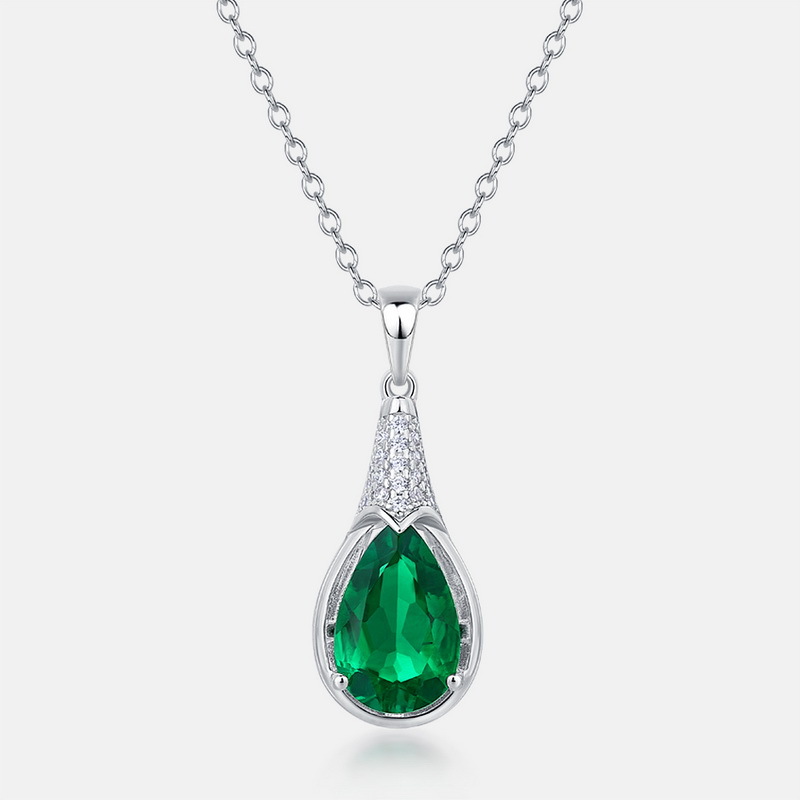 Teardrop Emerald Silver Necklace – S925 with Cultured Gemstone Pendant