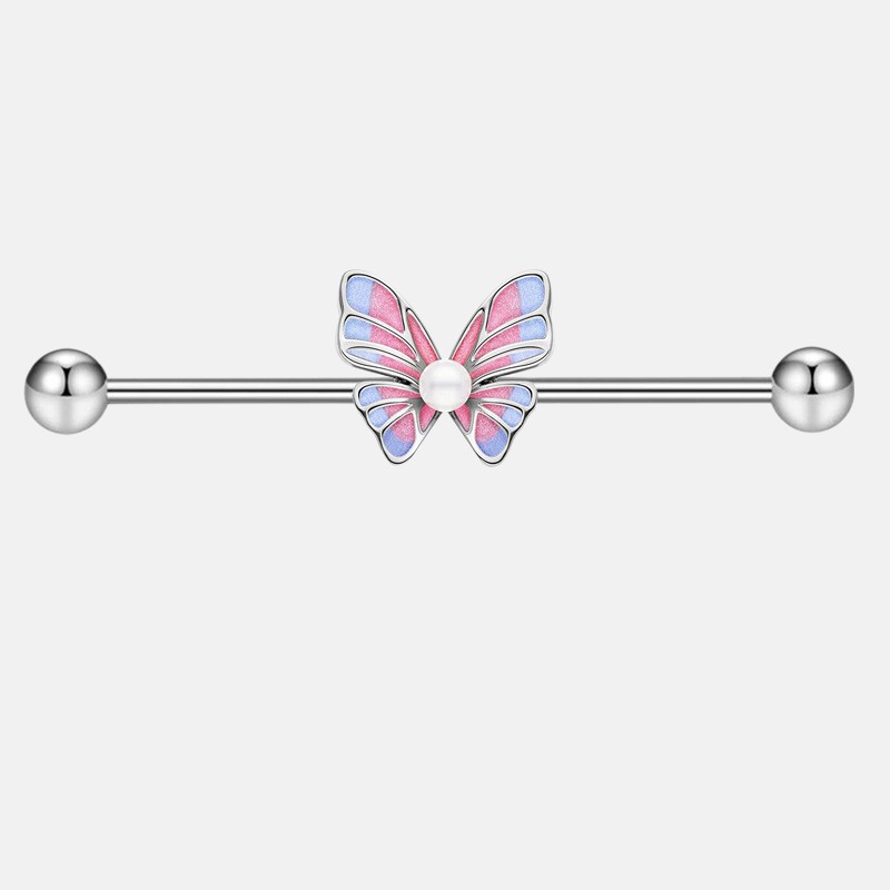 Long Bar Body Jewelry – 14G Industrial External Thread Barbell with Pearl & Butterfly