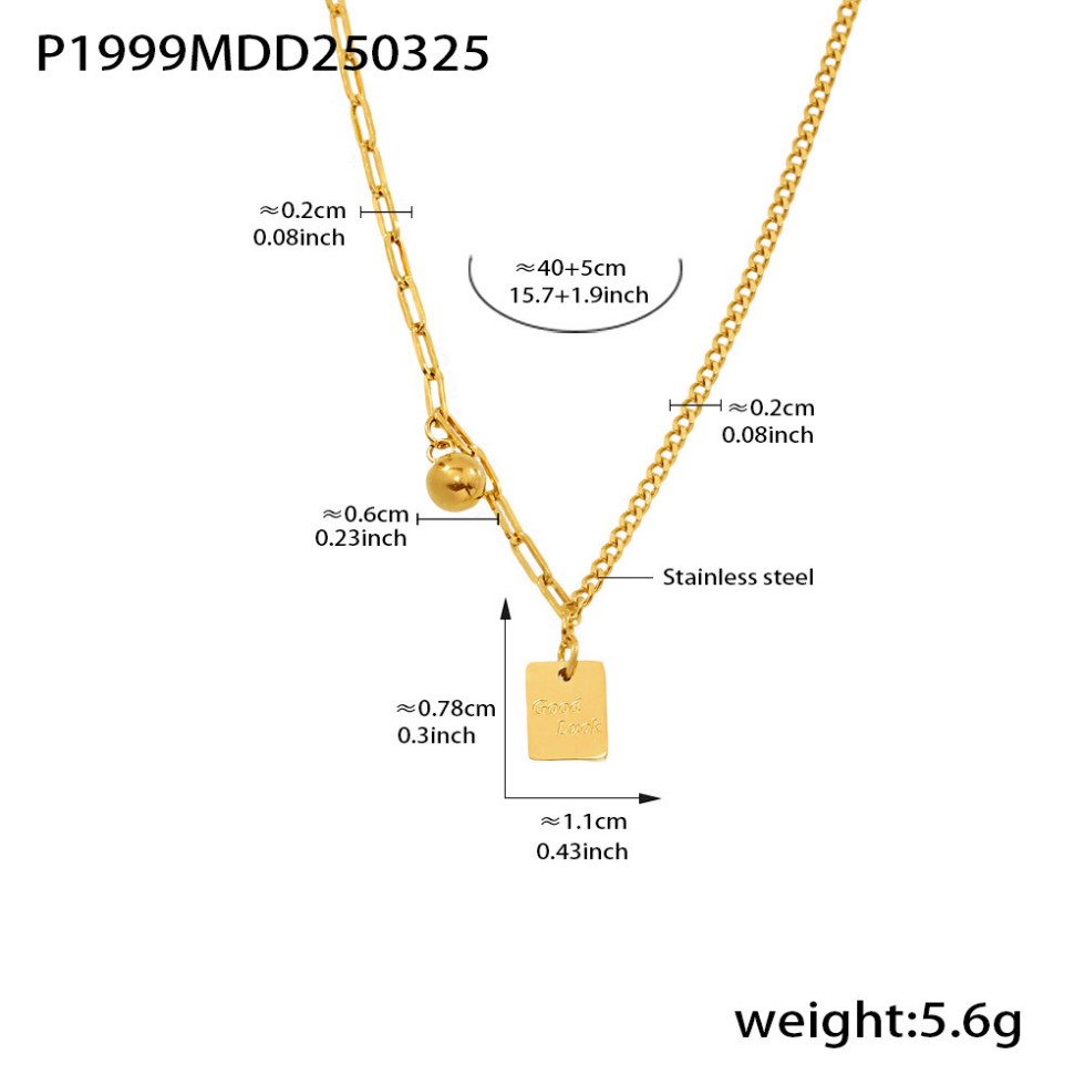 Gold Layered Necklace with “Good Luck” Square Pendant – Mixed Link Design