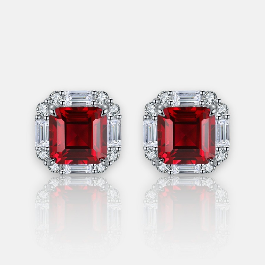 Dainty Ruby Stud Earrings – Square Lab Ruby in 925 Sterling Silver