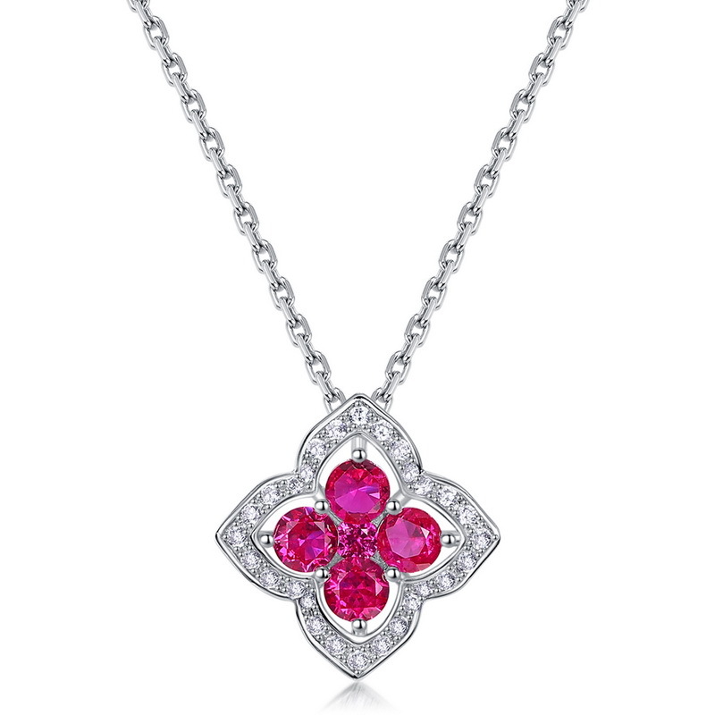 Sterling Silver Ruby Necklace – Four-Leaf Clover Floral Pendant for Women