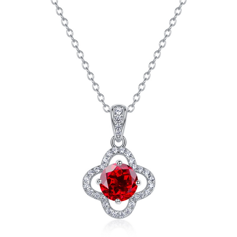 Ruby Birthstone Necklace – Four-Leaf Clover in S925 Silver with Colorful Gems