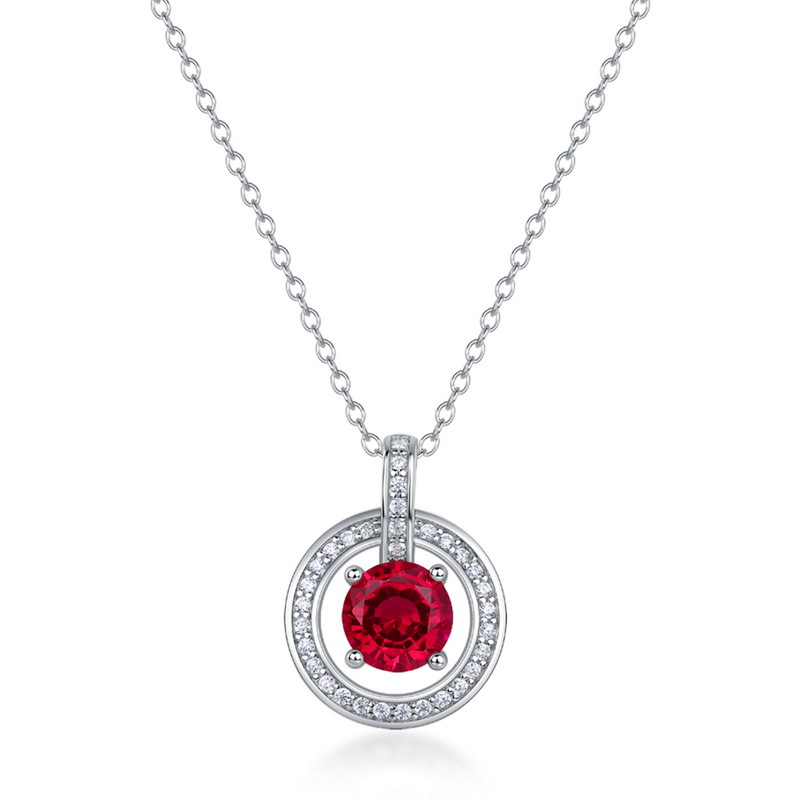 July Birthday Necklace – Lab Ruby Circle Pendant with Full Gem Pave in S925 Silver