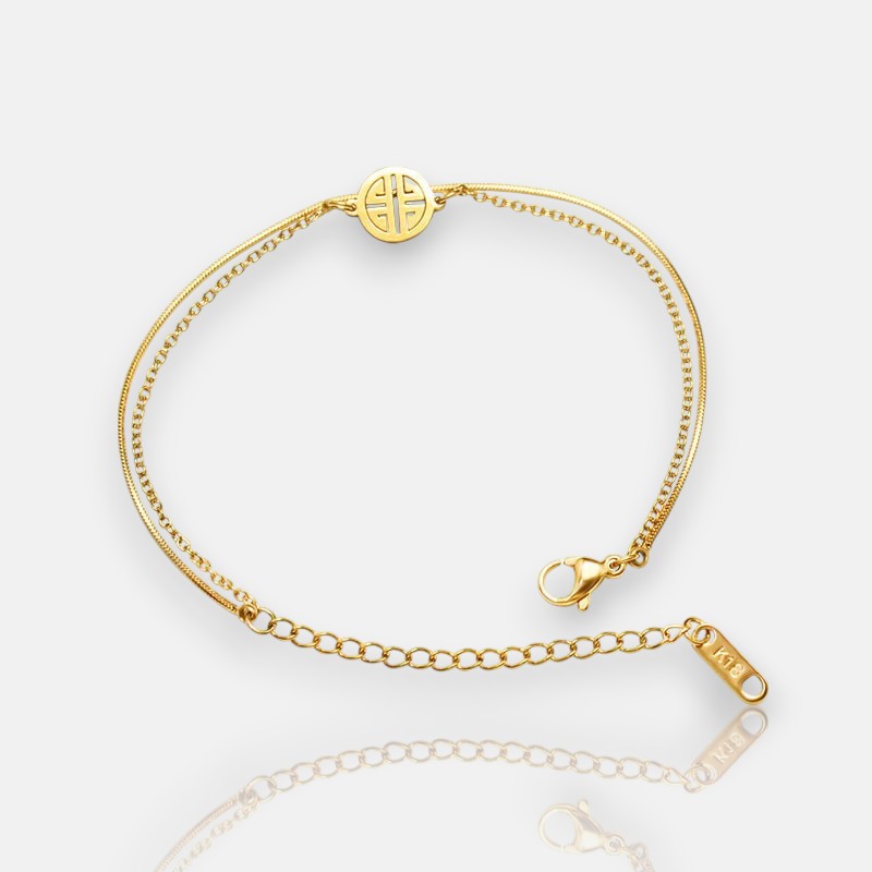 Layered Bracelet – 18K Gold Plated Double Chain with Chinese-Inspired Charm