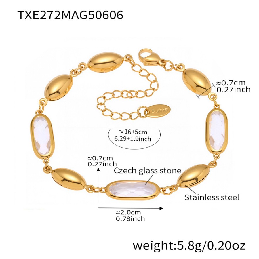 Gold Minimalist Bracelet – Oval Glass Stone Chain with Elegant Shine