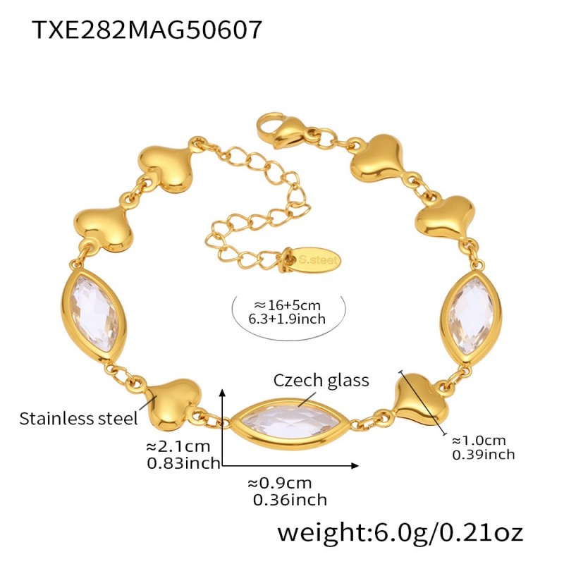 Gold Heart Bracelet – Glass Heart Link Chain in 18K Gold Stainless Steel