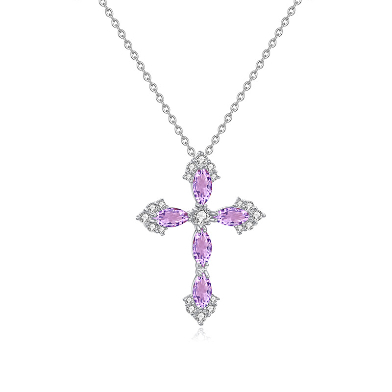 Silver cross pendant with amethyst crystals – February birthstone necklace