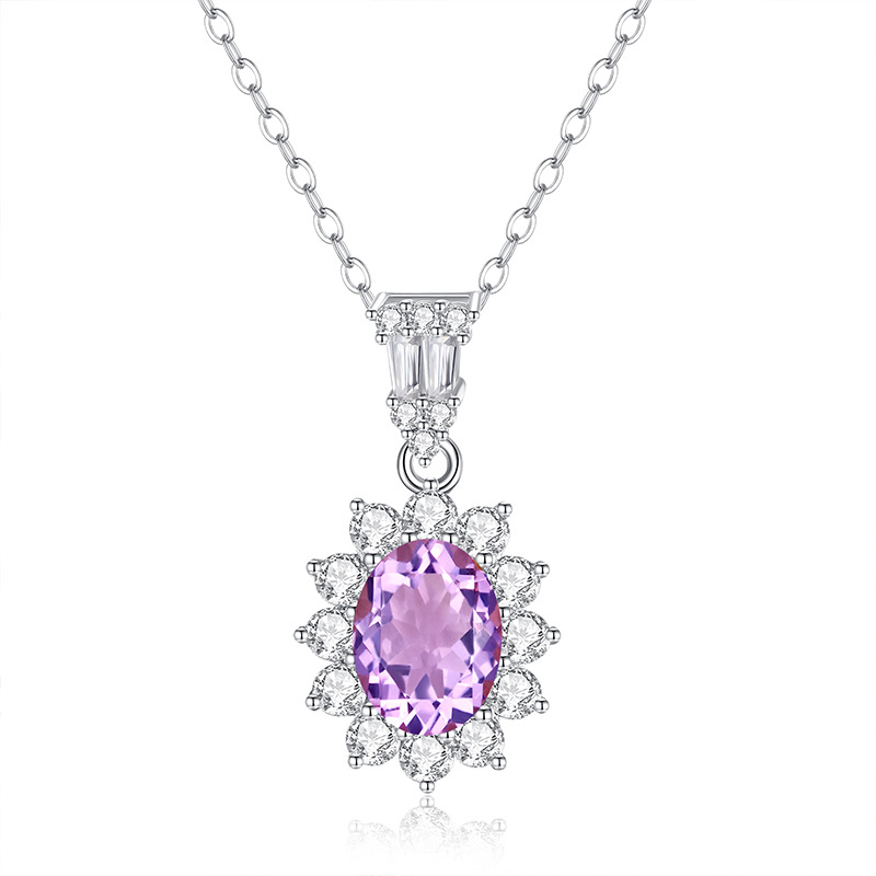Amethyst sunflower pendant necklace – purple gemstone in silver floral design

