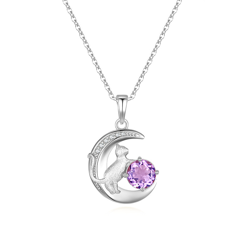 Moon Cat Necklace – S925 Silver Natural Gemstone Pendant | Blingku
