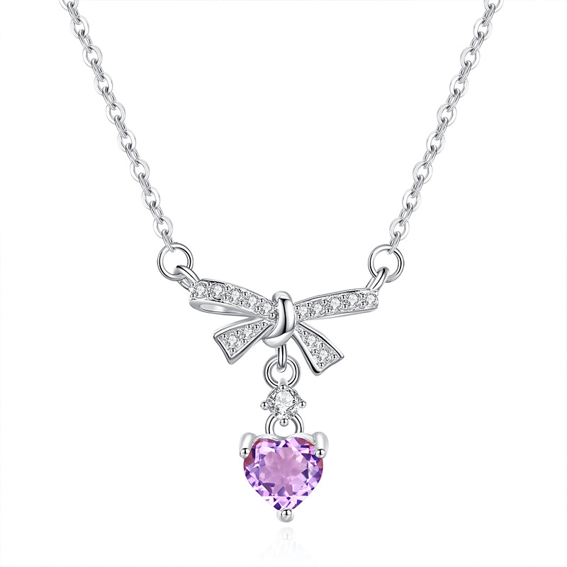 Amethyst bow necklace – purple gemstone with sterling silver bow