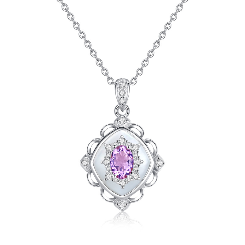 Amethyst Geometric Pendant Necklace – purple gemstone in silver square frame