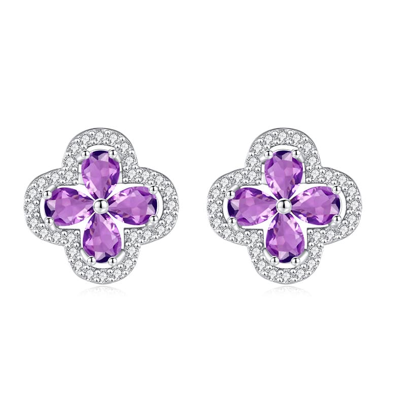 Purple amethyst flower earrings with silver clover design – February