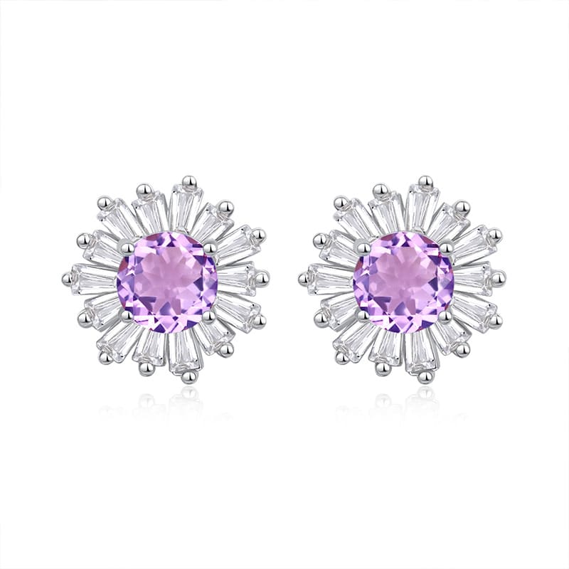 Purple amethyst sunflower stud earrings in S925 silver – February birthstone