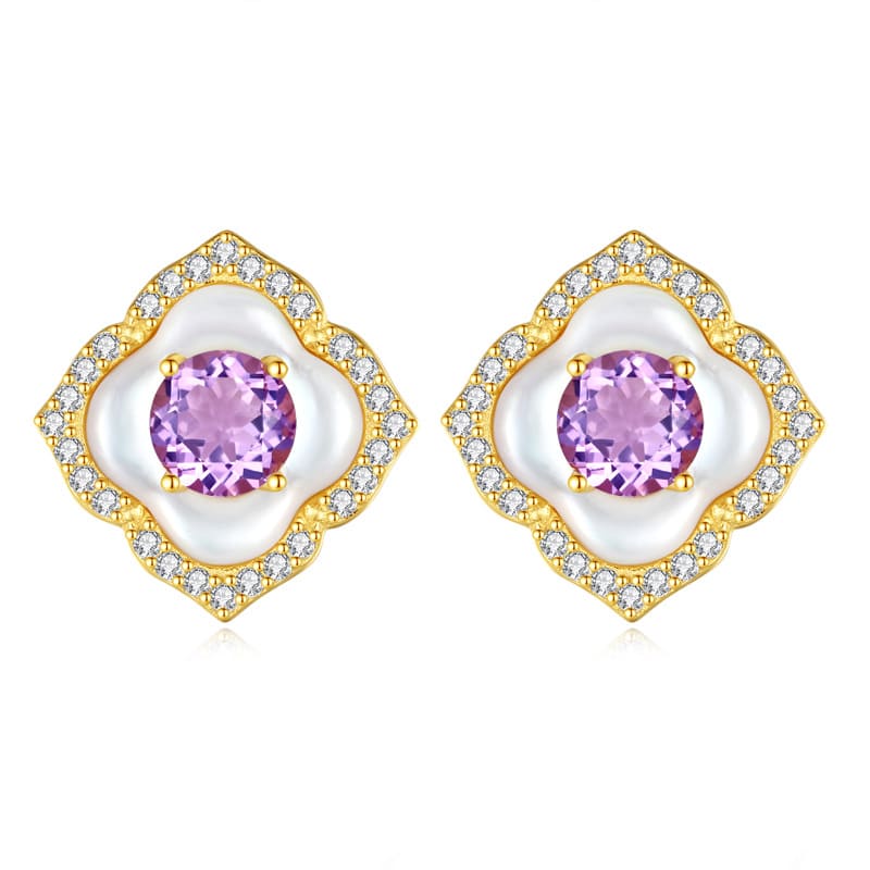 Purple amethyst geometric studs with shell inlay – February birthstone