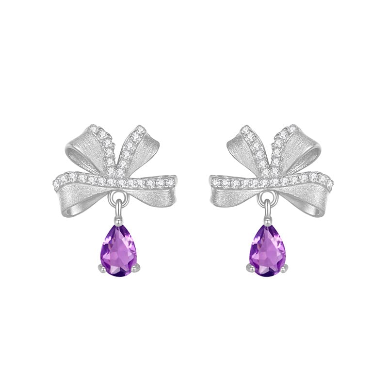 Purple amethyst bow-shaped stud earrings – February gemstone