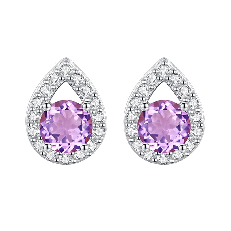 Purple amethyst teardrop stud earrings in silver – February gemstone