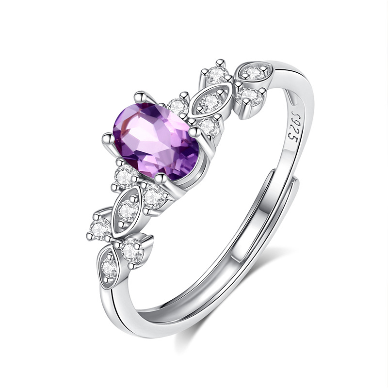 Leaf-Inspired Amethyst Pigeon Egg Ring in Sterling Silver