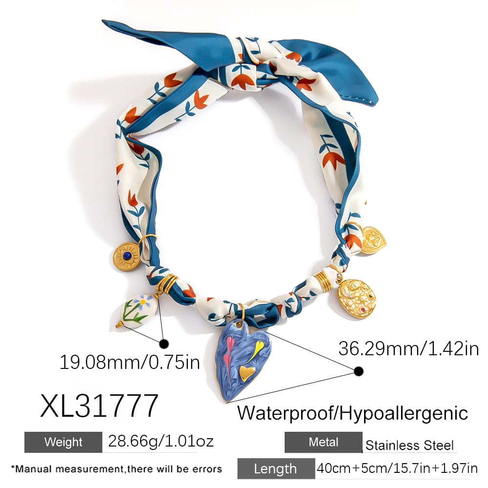Statement Scarf Necklace – Printed Silk Chain with Heart & Pendant Charms