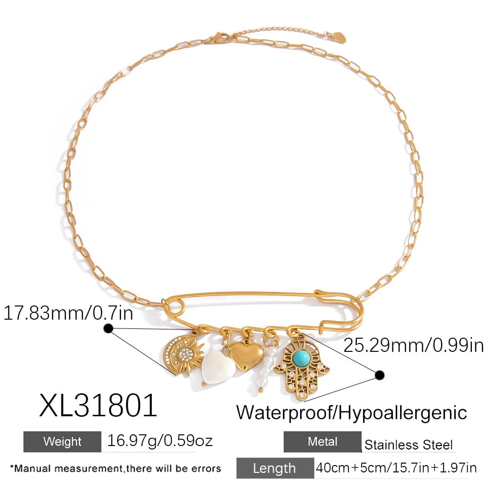 Good Luck Pendant Necklace – Gold Plated Evil Eye, Hand & Pearl Charm