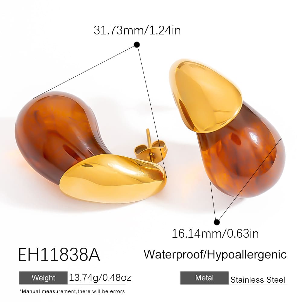 18K Gold Plated Earrings – Minimalist Stainless Steel Drop Hoops with Stone & Acrylic Pendant