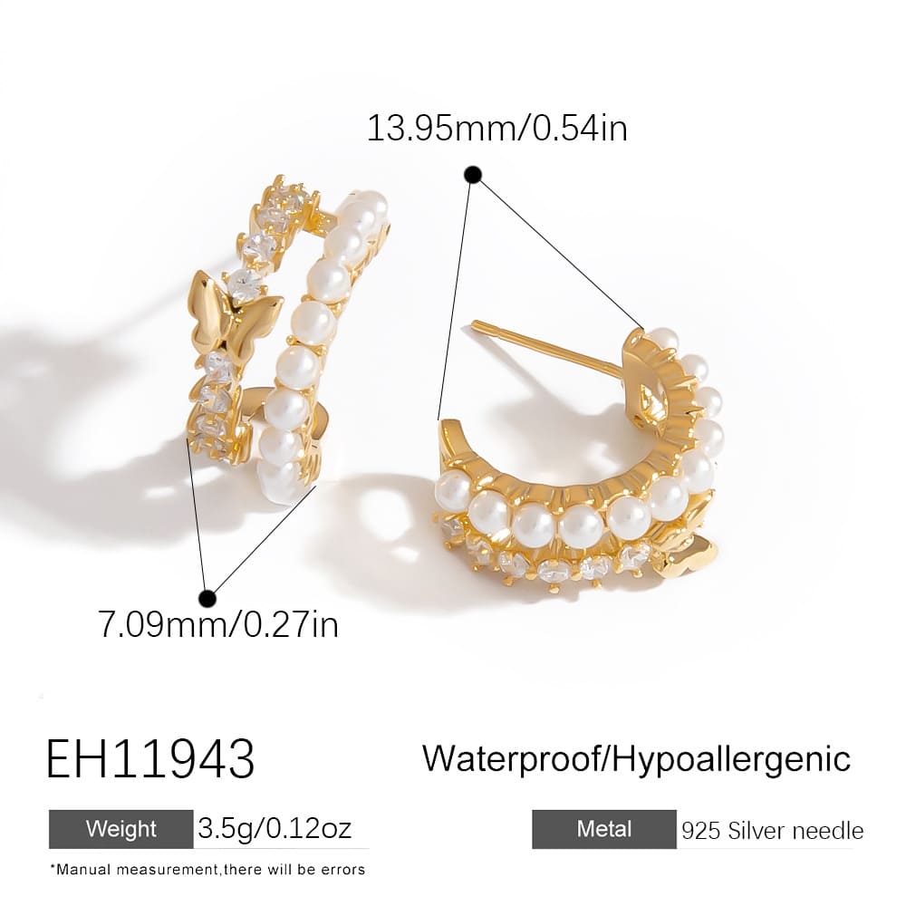 Gold Plated Stud Earrings – 925 Silver Butterfly, Pearl & CZ C-Shape Studs (3 Styles)