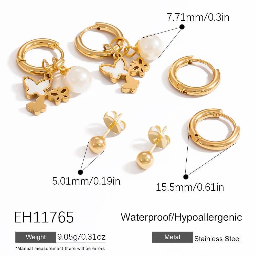 Gold Plated Earring Set – Butterfly, Cross & Pearl Studs with Round Bead & Heart Dangles (3-Piece)