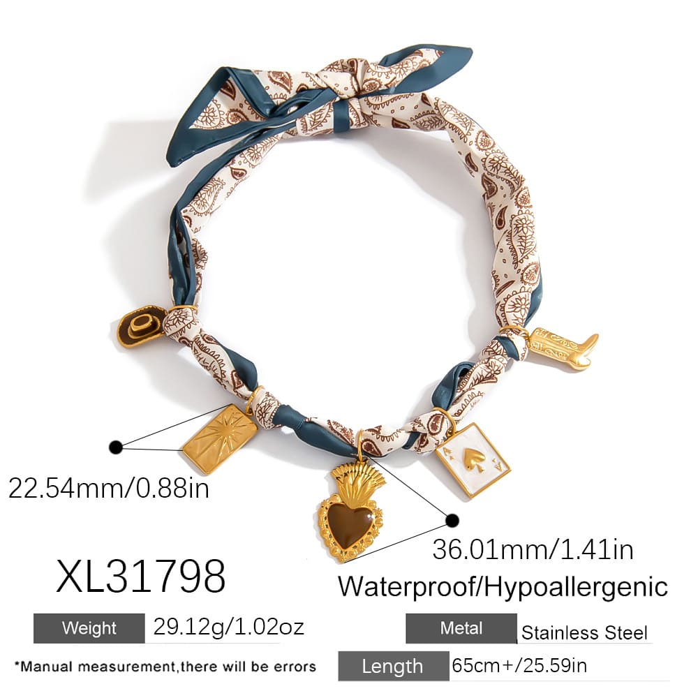 Affordable Bridesmaid Necklace – Printed Scarf Pendant with Heart & Playing Card Charms