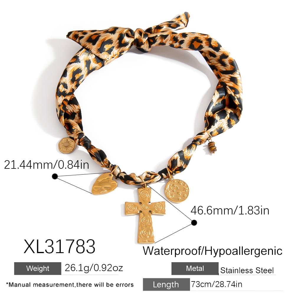 Fashion Scarf Necklace – Leopard Print with Creative Cross Pendant
