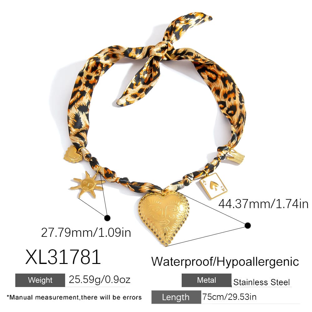 Statement Scarf Necklace – Leopard Print with Heart & Poker Charms