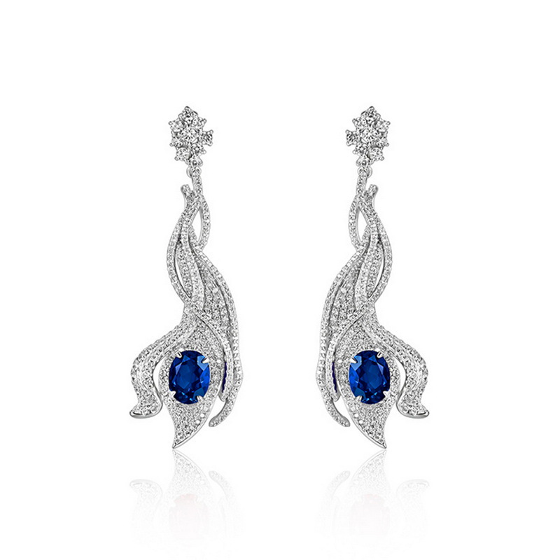 S925 Sterling Silver Hollow Leaf Long Sapphire Earrings
