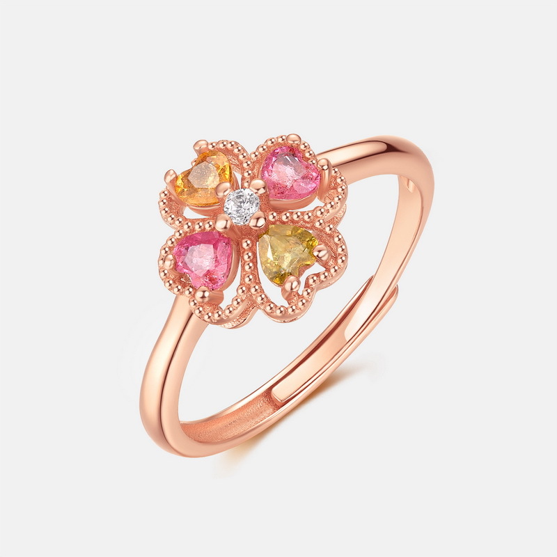 Clover Tourmaline Ring – S925 Silver with Rose Gold Plating, Open Band