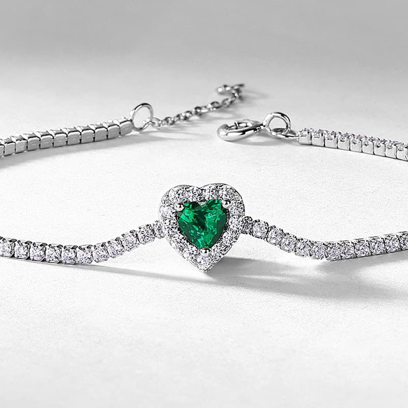 Emerald Bead Bracelet – S925 Silver Heart Lab-Created Emerald Jewelry