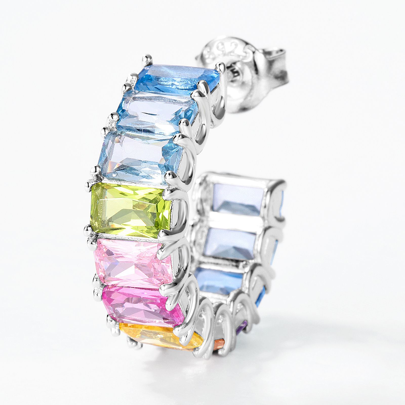 S925 Sterling Silver Rainbow CZ Hoop Earrings | Personalized Jewelry for Women