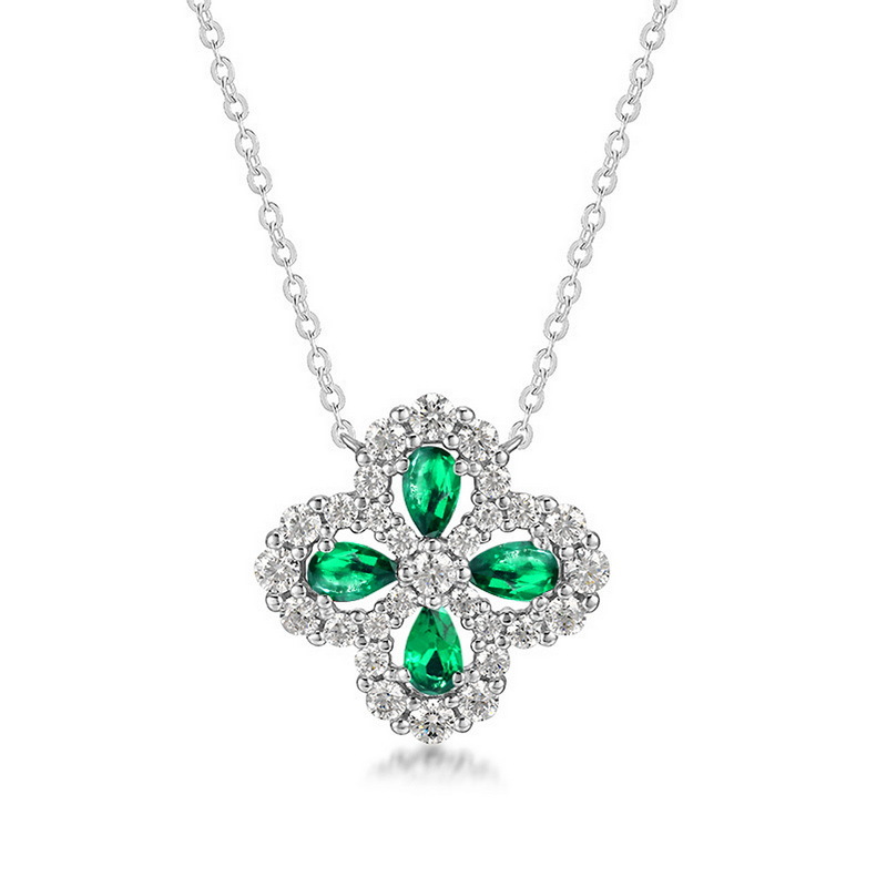 Birthstone Necklace – Lab Emerald Clover Set in S925 Silver Jewelry