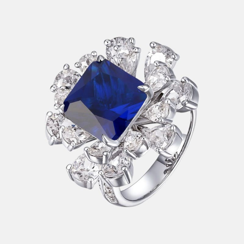 Sapphire Ring – 4.5ct Square Sapphire Sterling Silver with Lab Gemstones