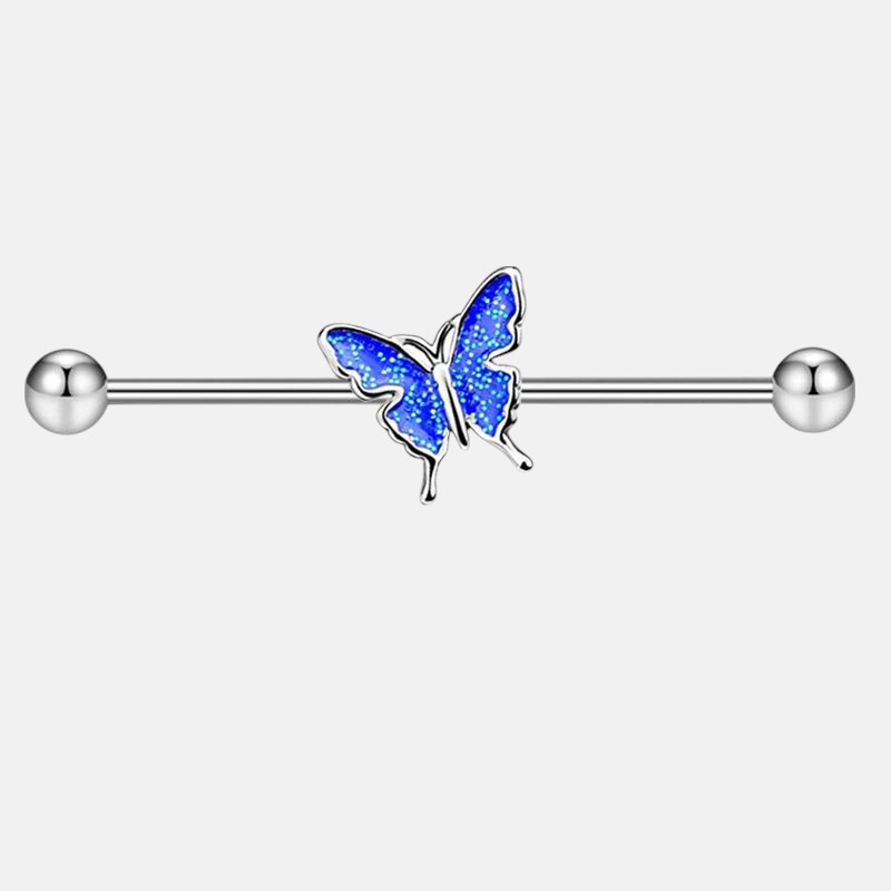 Long Bar Body Jewelry – 14G Industrial External Thread Barbell with Pearl & Butterfly