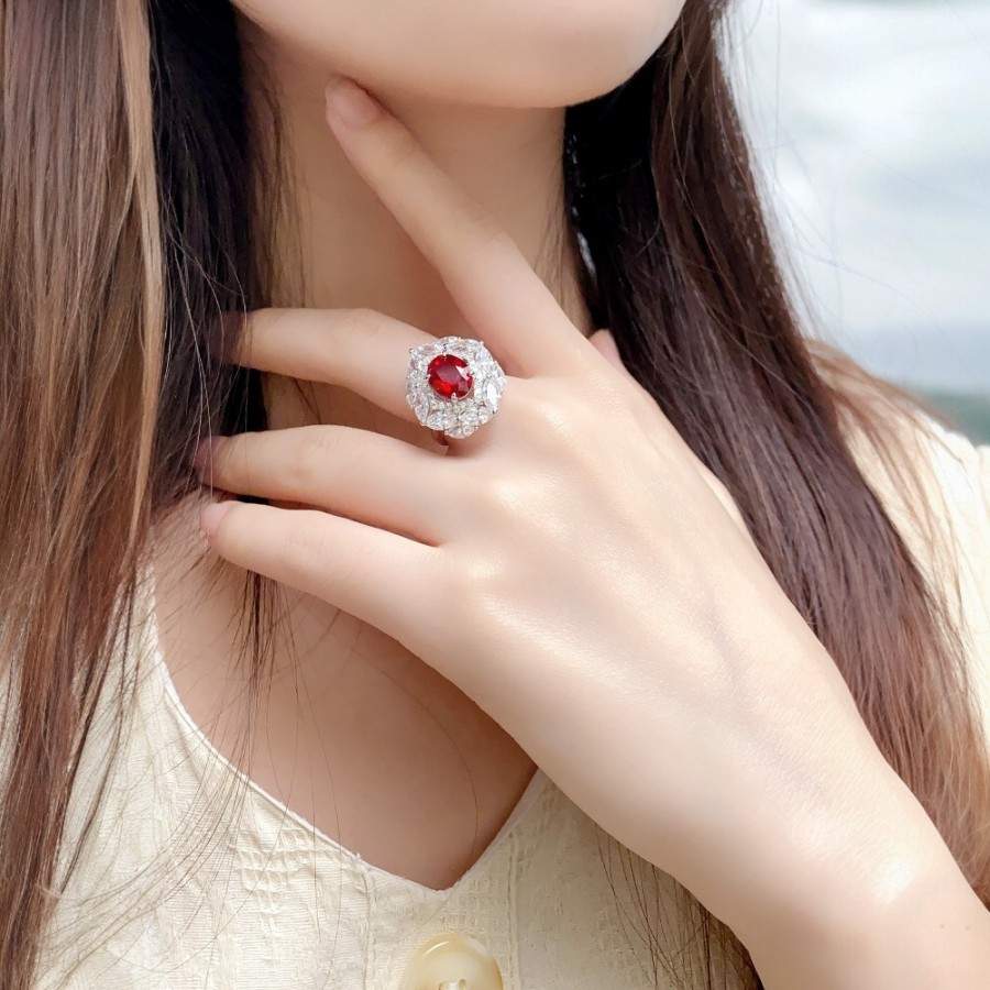 Ruby and Diamond Ring – 8×10mm Lab Ruby with Accents in S925 Silver