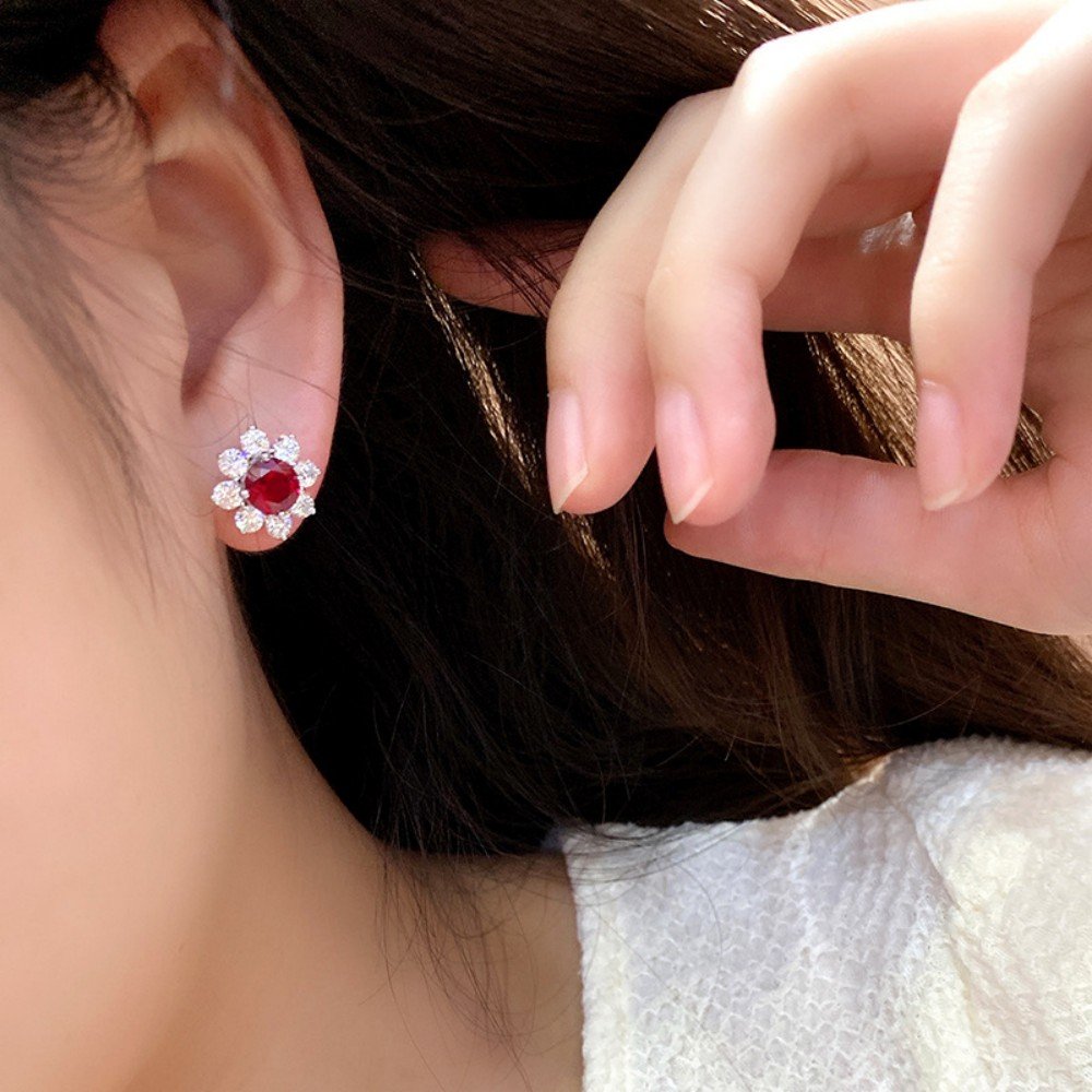 Natural Ruby Stud Earrings – Lab Ruby Sunflower Design in S925 Silver