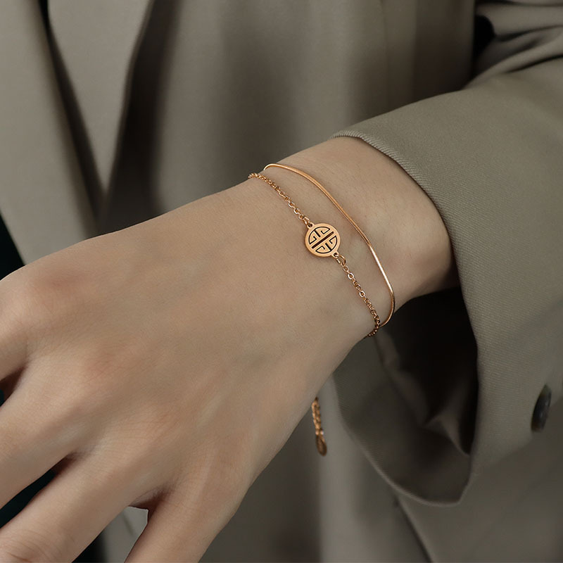 Layered Bracelet – 18K Gold Plated Double Chain with Chinese-Inspired Charm