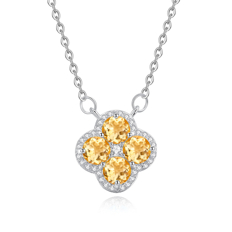 Four-leaf clover citrine necklace in sterling silver – November birthstone gift for her