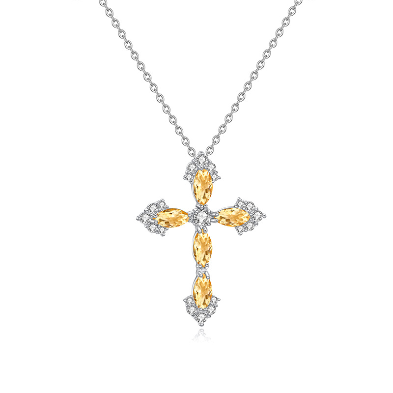 Silver cross pendant with citrine crystals – November gemstone hip-hop chain
