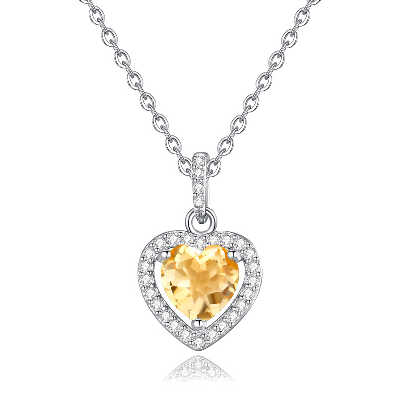 S925 silver heart necklace with citrine – joyful yellow crystal pendant necklace