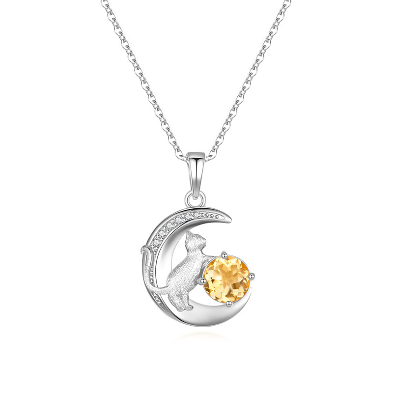 Moon Cat Necklace – S925 Silver Natural Gemstone Pendant | Blingku