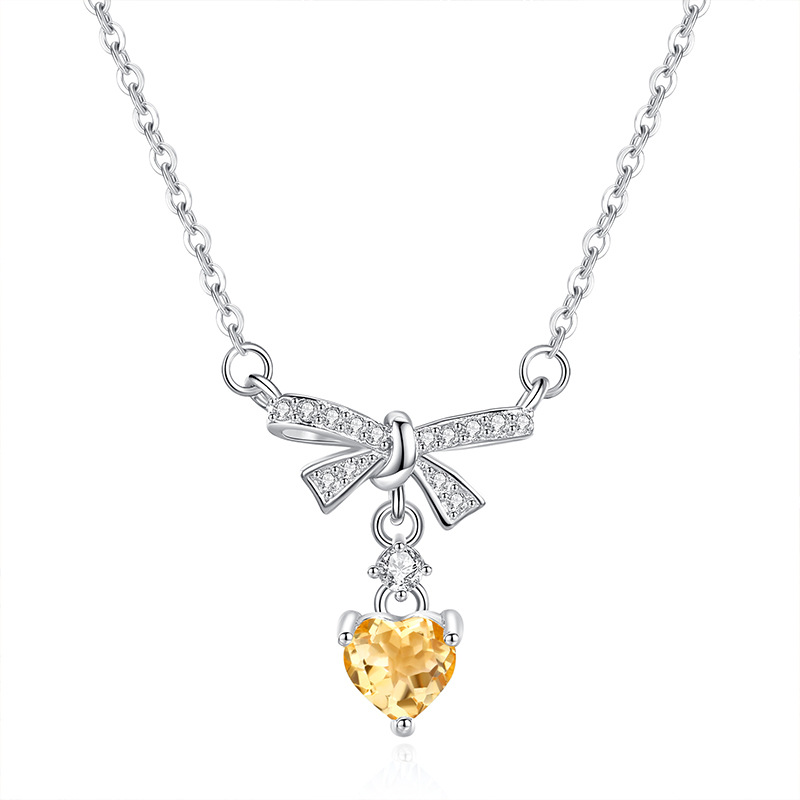 Citrine bow necklace – yellow crystal drop in polished silver bow design