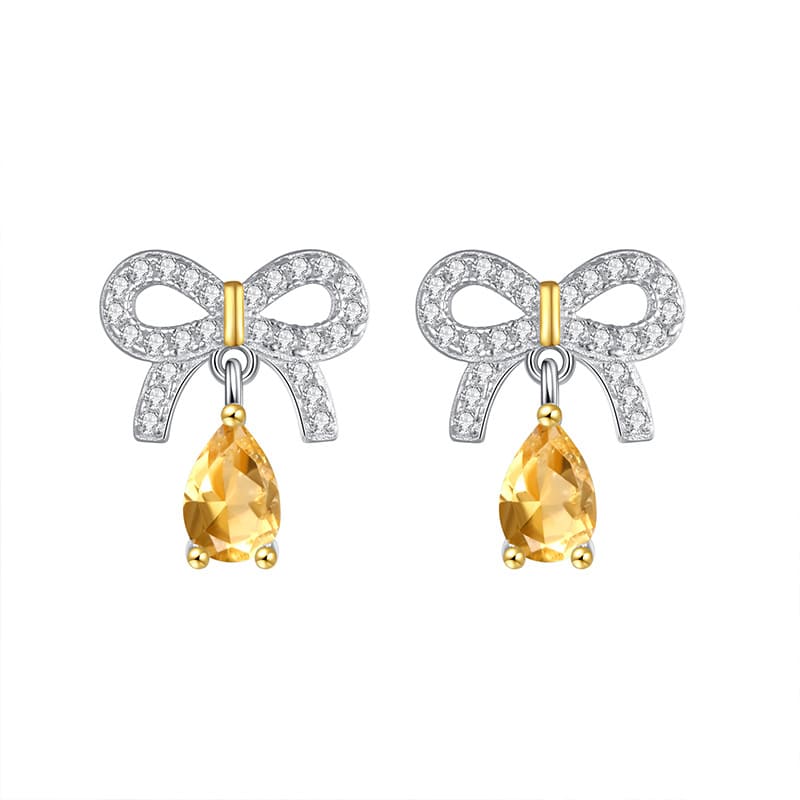 Citrine gemstone bow earrings with dangling design – November birthstone