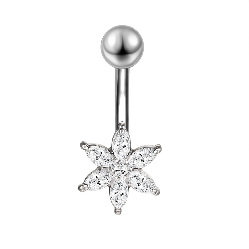 Heart CZ Belly Piercing Ring – Double Gem Curved Barbell 14G